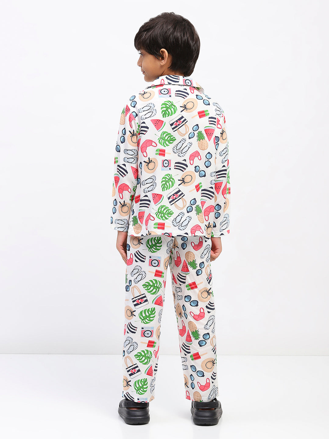 Boys White Collar Neck Printed Nightwear Co-Ord Set