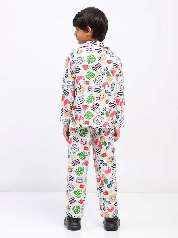 Boys White Collar Neck Printed Nightwear Co-Ord Set