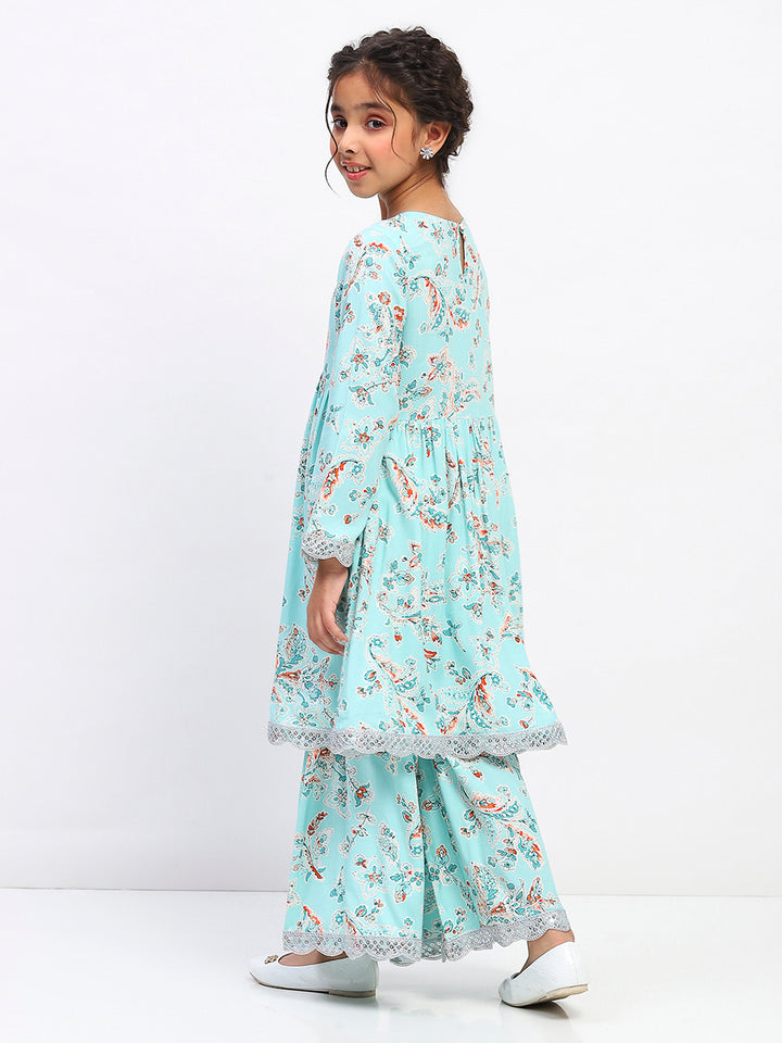 Girls Floral Print Ethnic Tiered  Kurta and Sharara Set