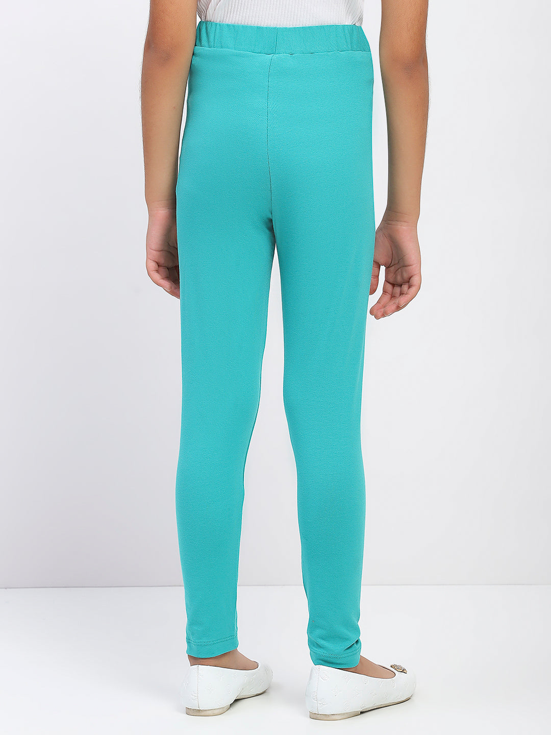 Girls Solid Green Cotton Leggings