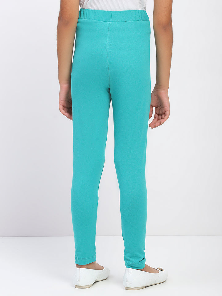 Girls Solid Green Cotton Leggings