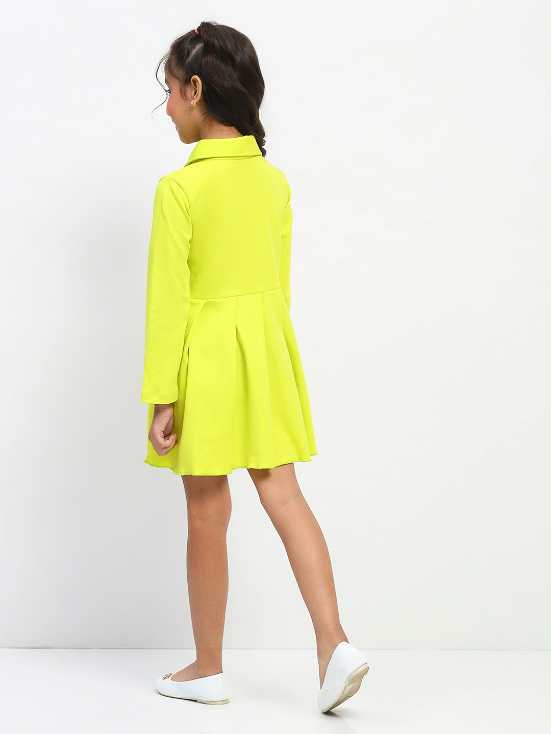 Girls Cotton Lime Green Polo Neck Pleated Dress