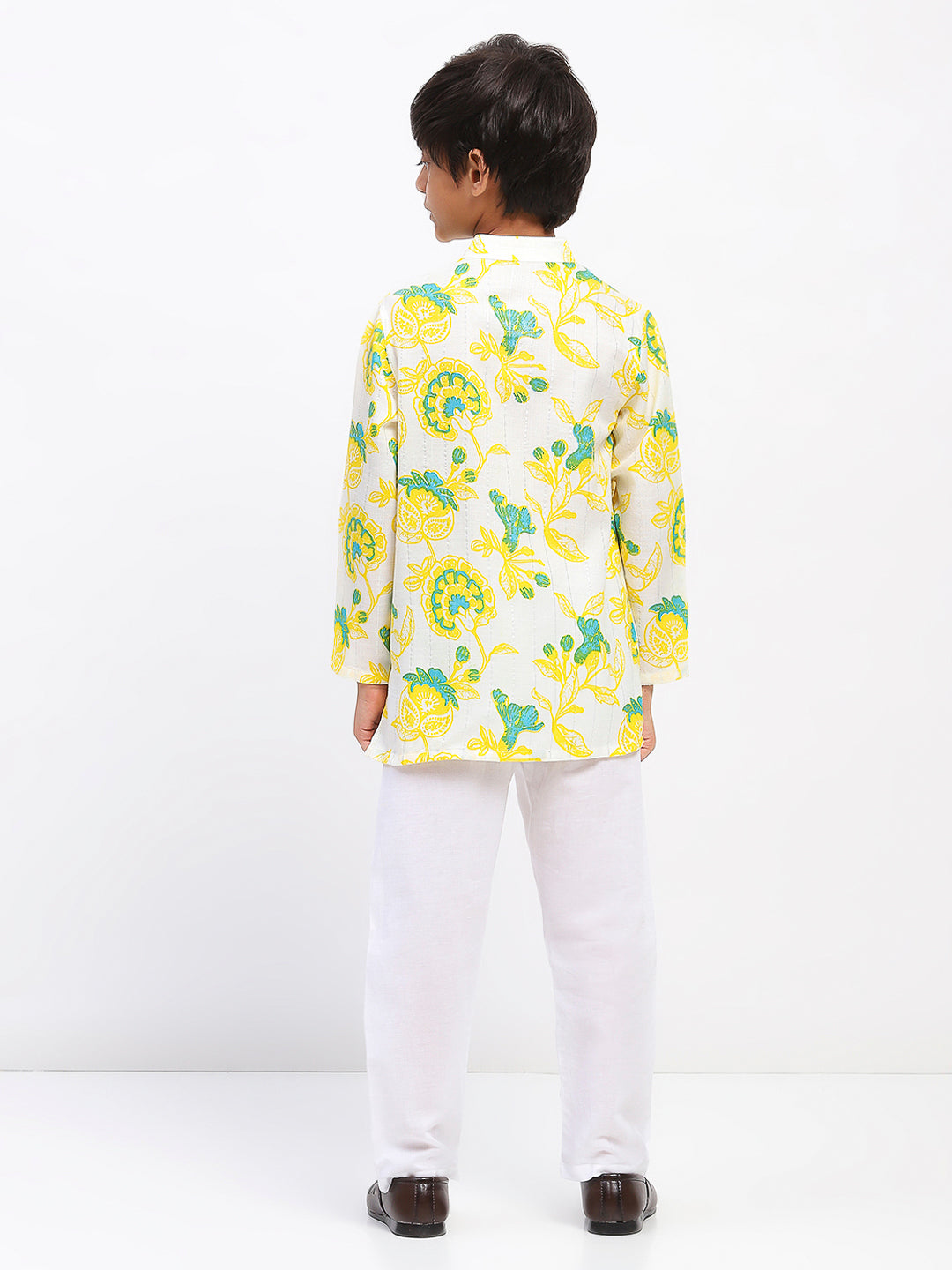 Boys White Cotton Printed Ethnic Kurta Pajama Set