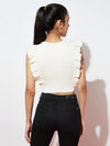 White Ruffle Stretch Ribbed Top