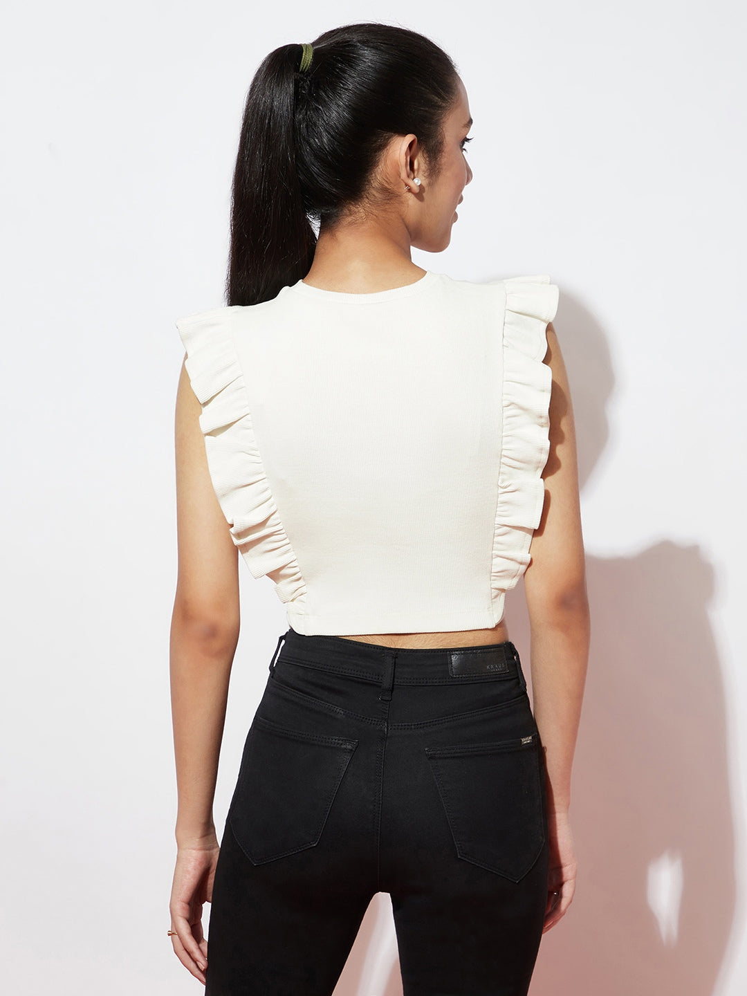White Ruffle Stretch Ribbed Top