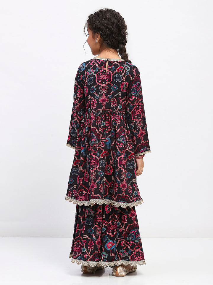 Girls Floral Print Ethnic Tiered  Kurta and Sharara Set