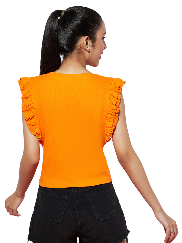 Combo of 3 Ribbed Solid Cotton Top with Round Neck and Ruffled Sleeves