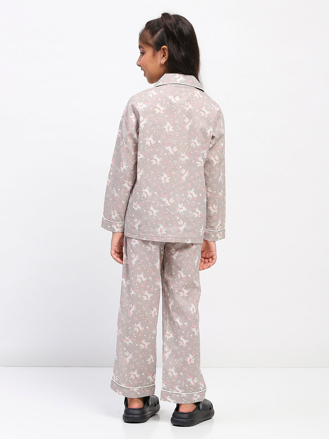 Girls Grey Printed Night Suit Shirt & Pyjama Set
