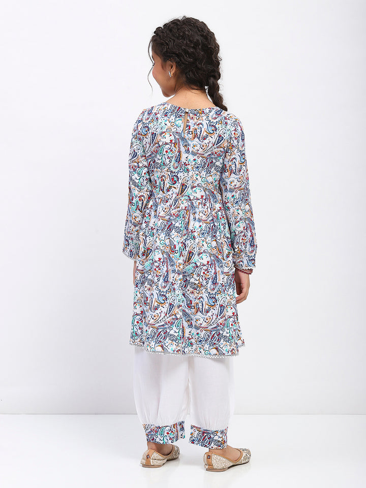Girls Full Sleeve Paisley Print Ethnic Kurta and Bottom Set