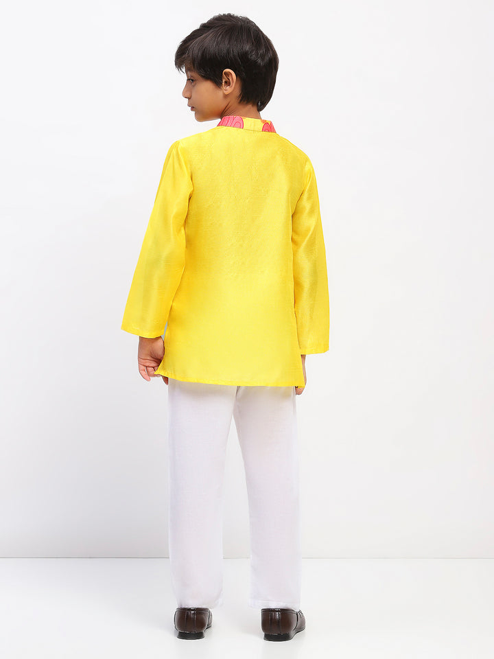 Boys Yellow Cotton Printed Ethnic Kurta Pajama Set