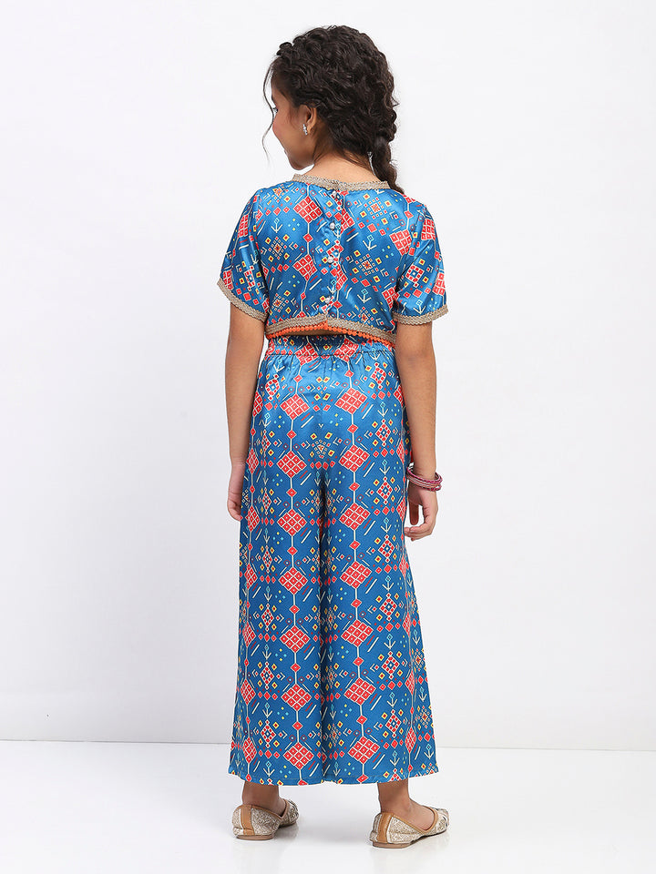 Girls Blue Printed Ethnic Top and Palazzo Set