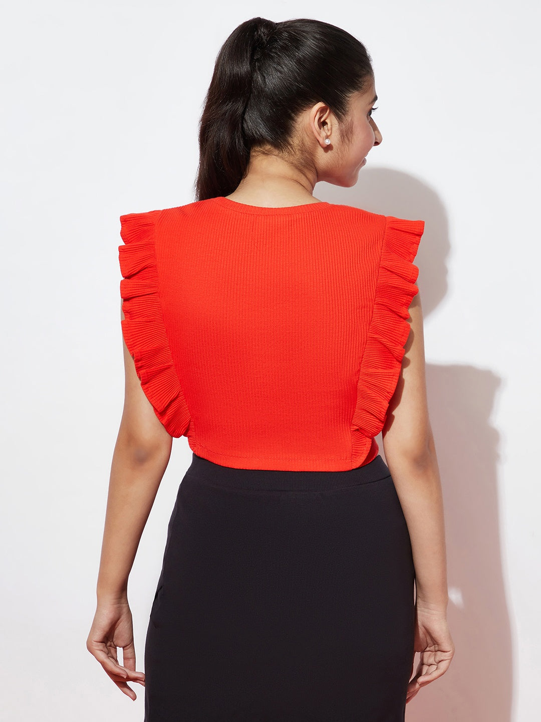 Red Ruffle Stretch Ribbed Top