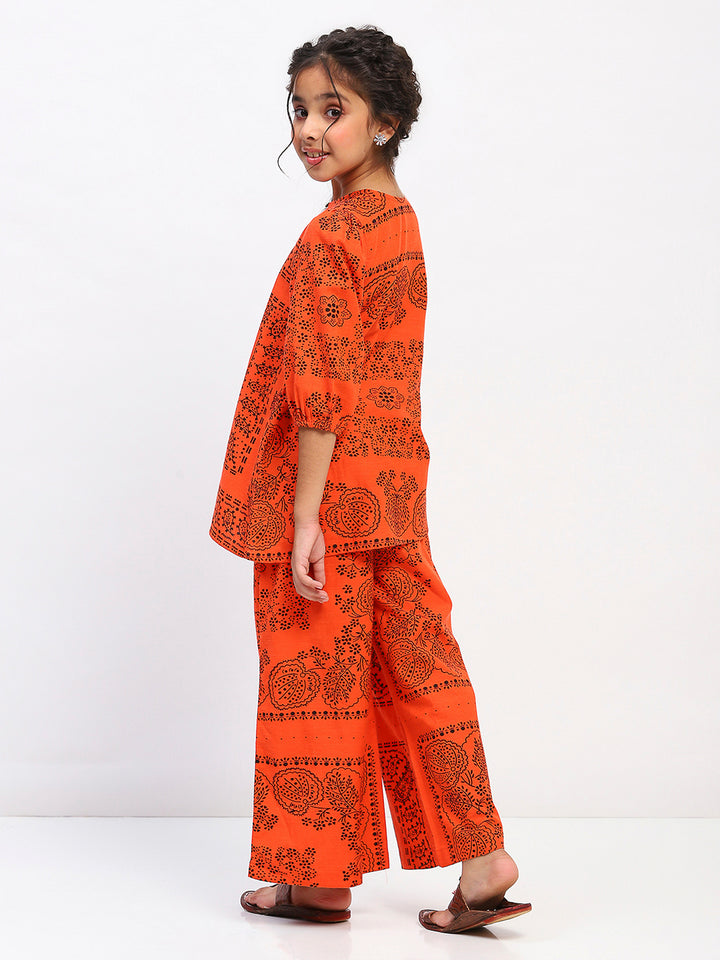 Girls Orange Cotton Tribal Print Ethnic Kurta & Pant Set