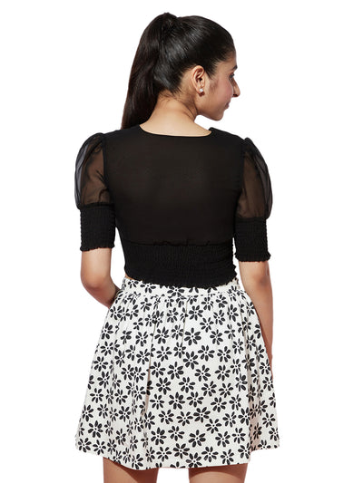 Black Swan Puff Sleeve Crop Top with White-Black Printed Skirt
