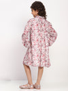 Girls Rose Pink Floral Printed Bishop Sleeves Bow Dress