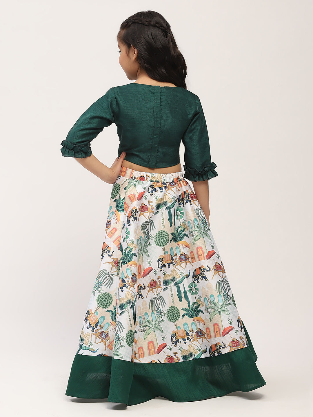 Spunkies White Printed Lehenga with Green 3/4th Sleeve Top Set