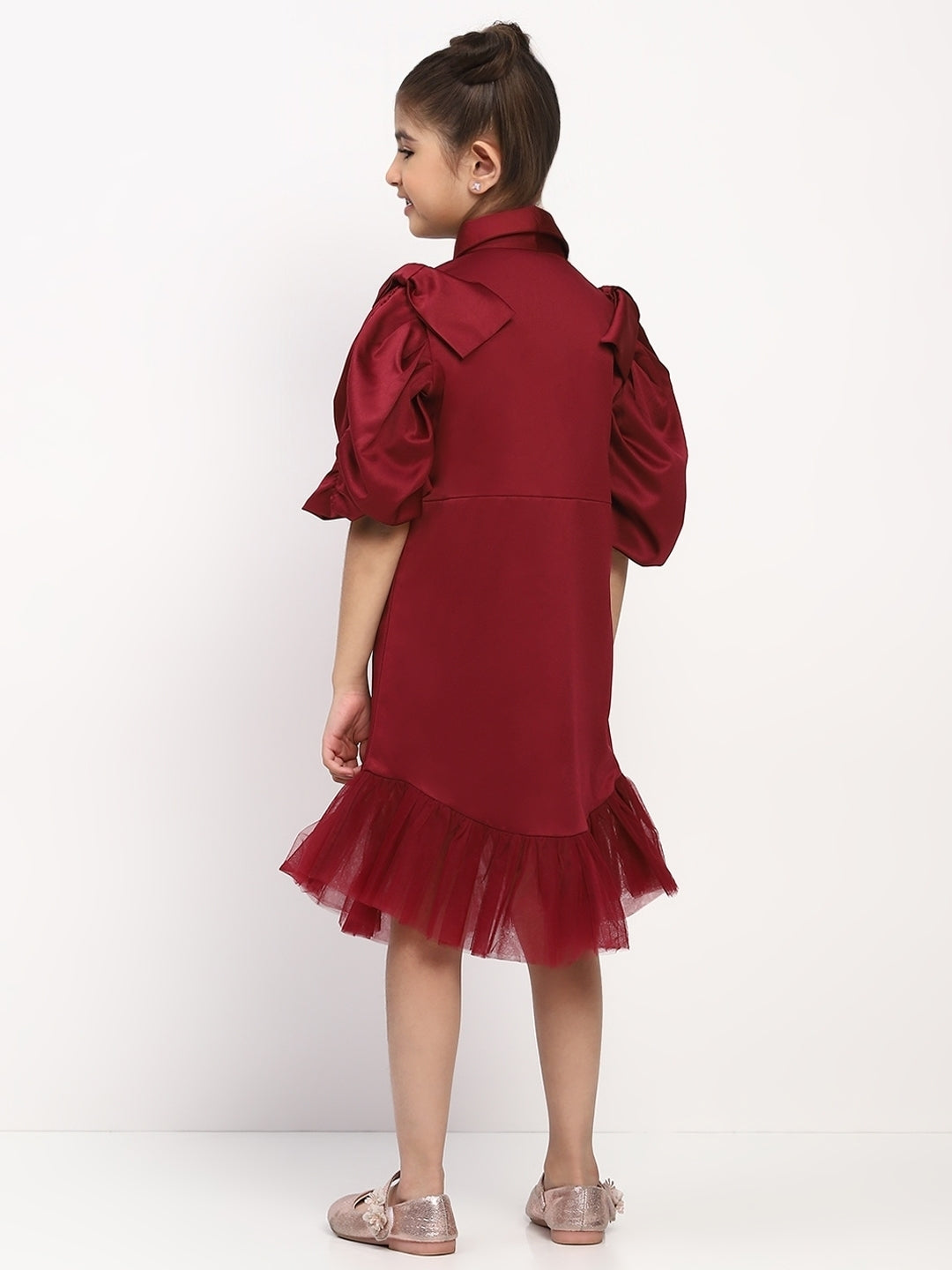 Girl's Maroon Collared Pleated Tulle Cap Sleeve Dress