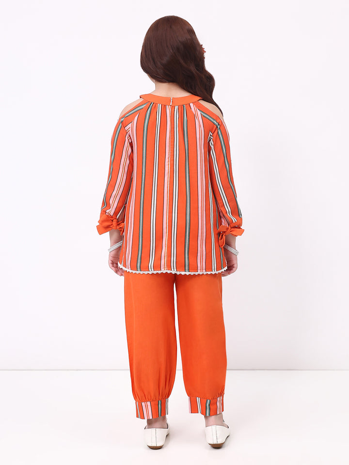 Girls Cotton Linen Orange Striped Ethnic Co-Ord Set