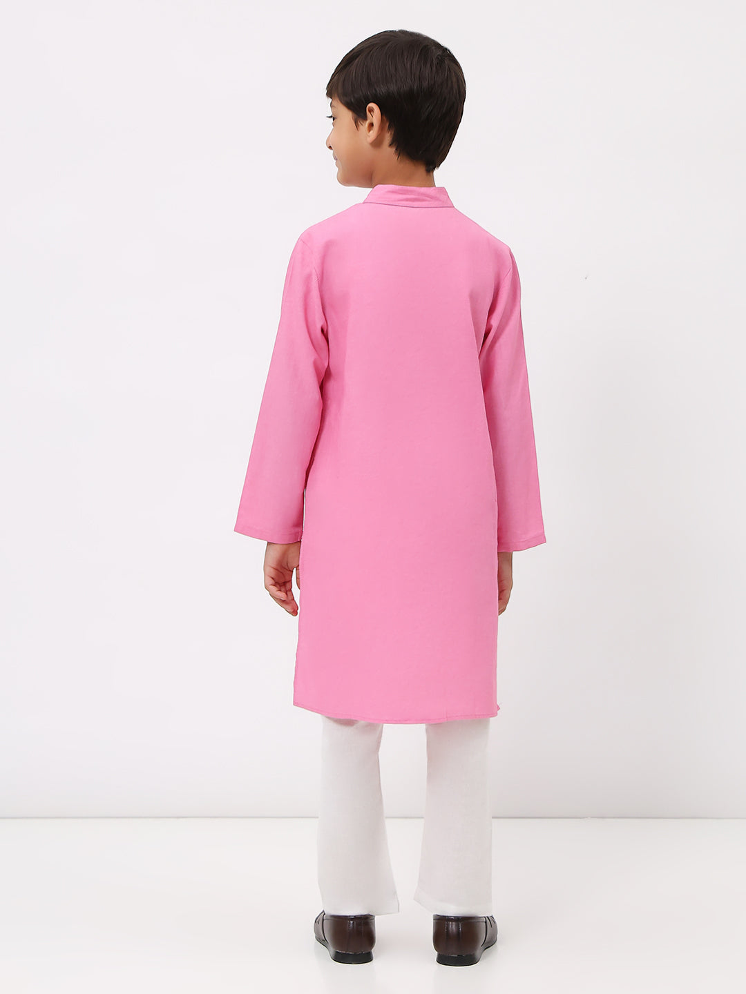 Boys Cotton Linen Pink Embroidered Kurta Set