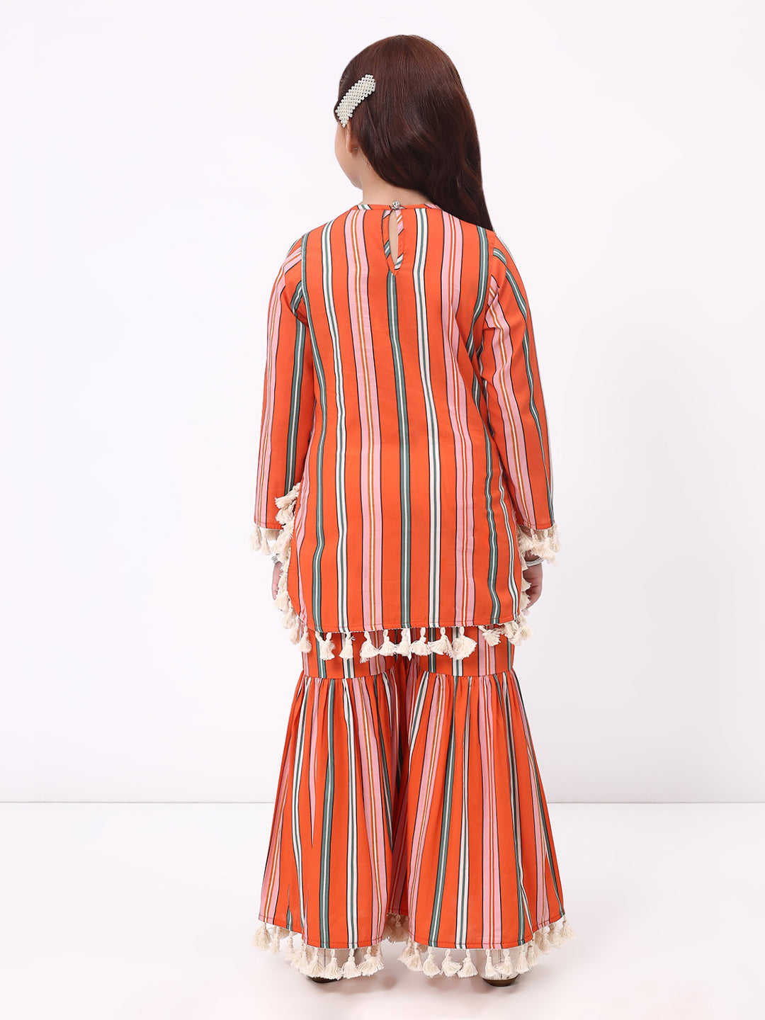 Girls Orange Stripe Ethnic kurti and sharara Set