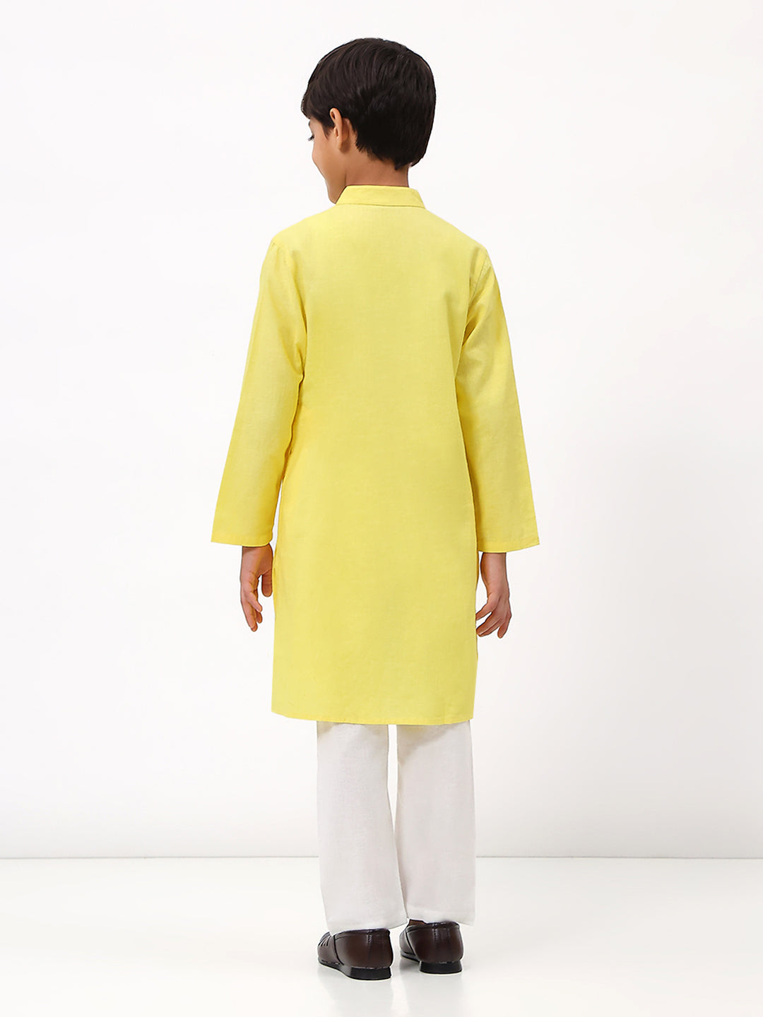 Boys Cotton Linen Yellow Embroidered Kurta Set