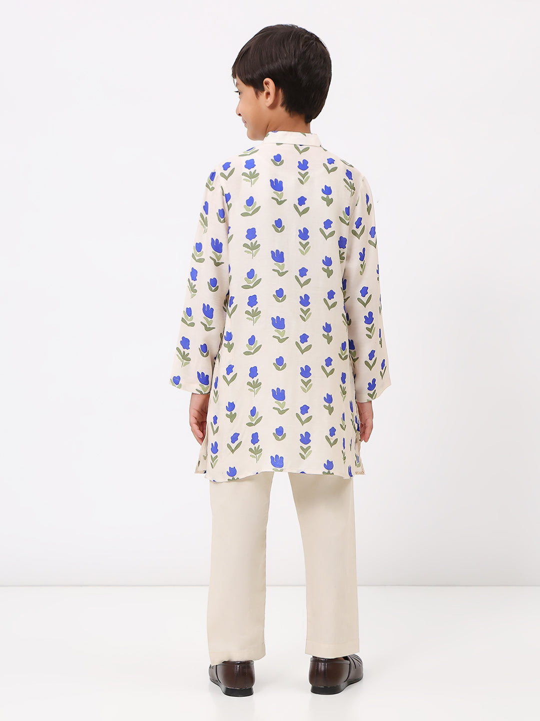 Boys Cotton Chanderi White Floral Printed Kurta Set