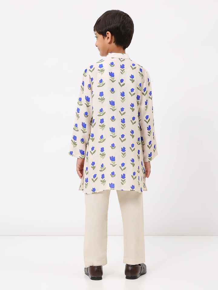 Boys Cotton Chanderi White Floral Printed Kurta Set