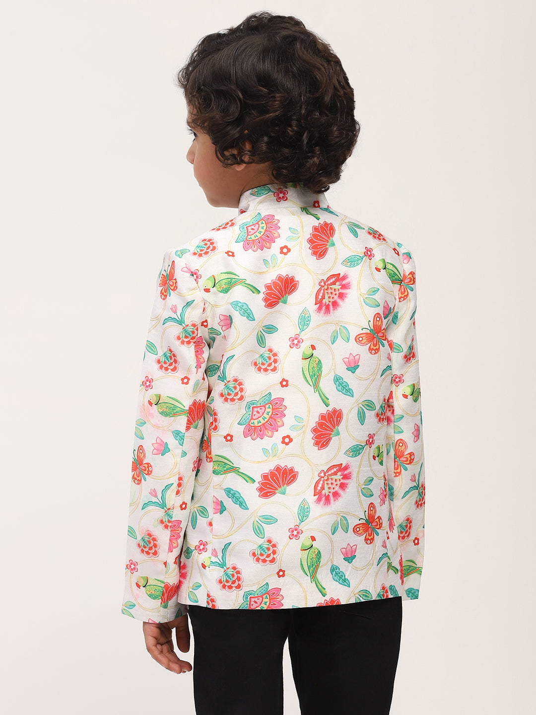 Spunkies white Elegant Floral Print Kids Ethnic Jacket with Mandarin Collar