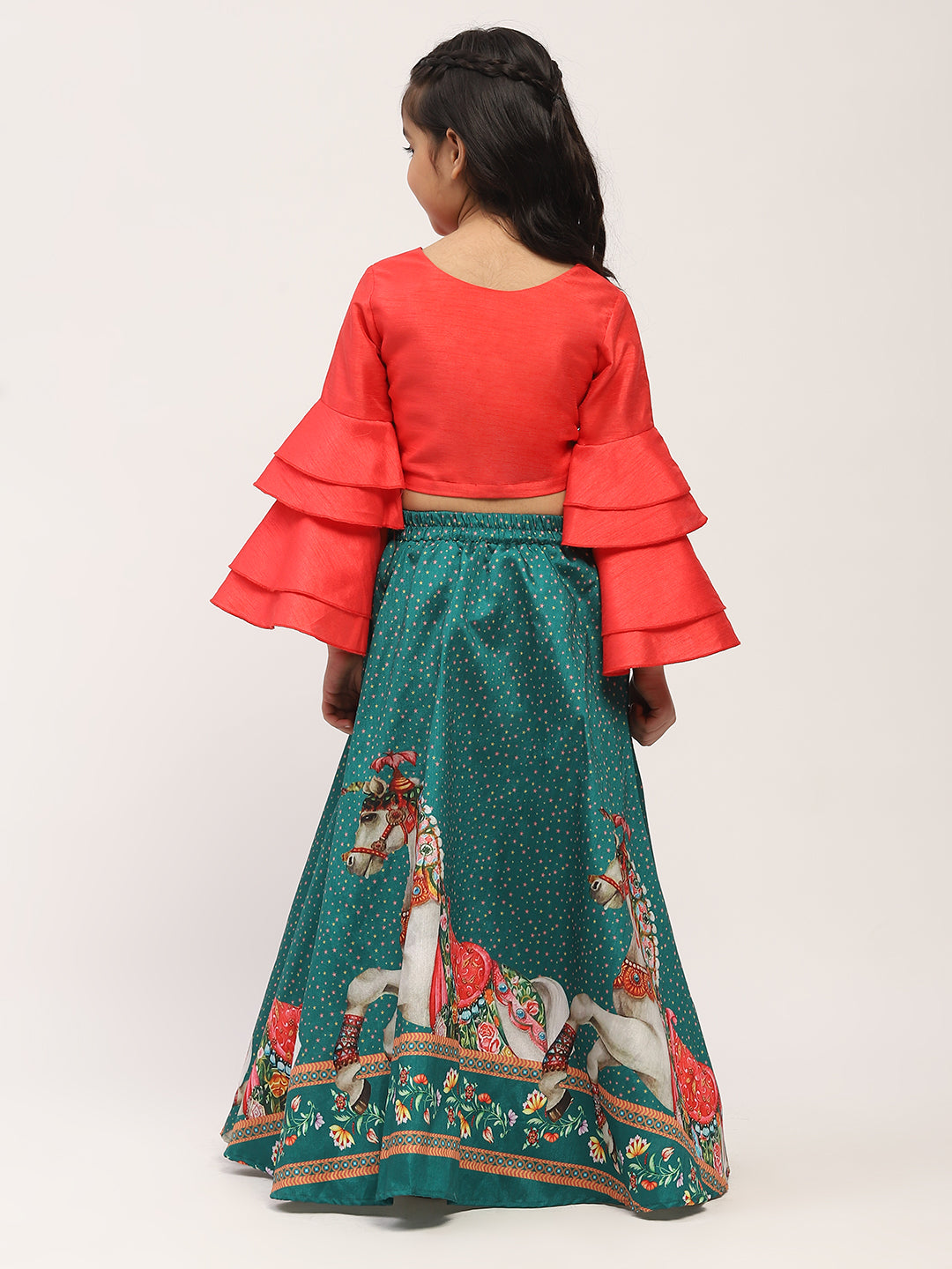 Spunkies Girls Green Printed Lehenga with Orange Bell-Sleeve Top Set