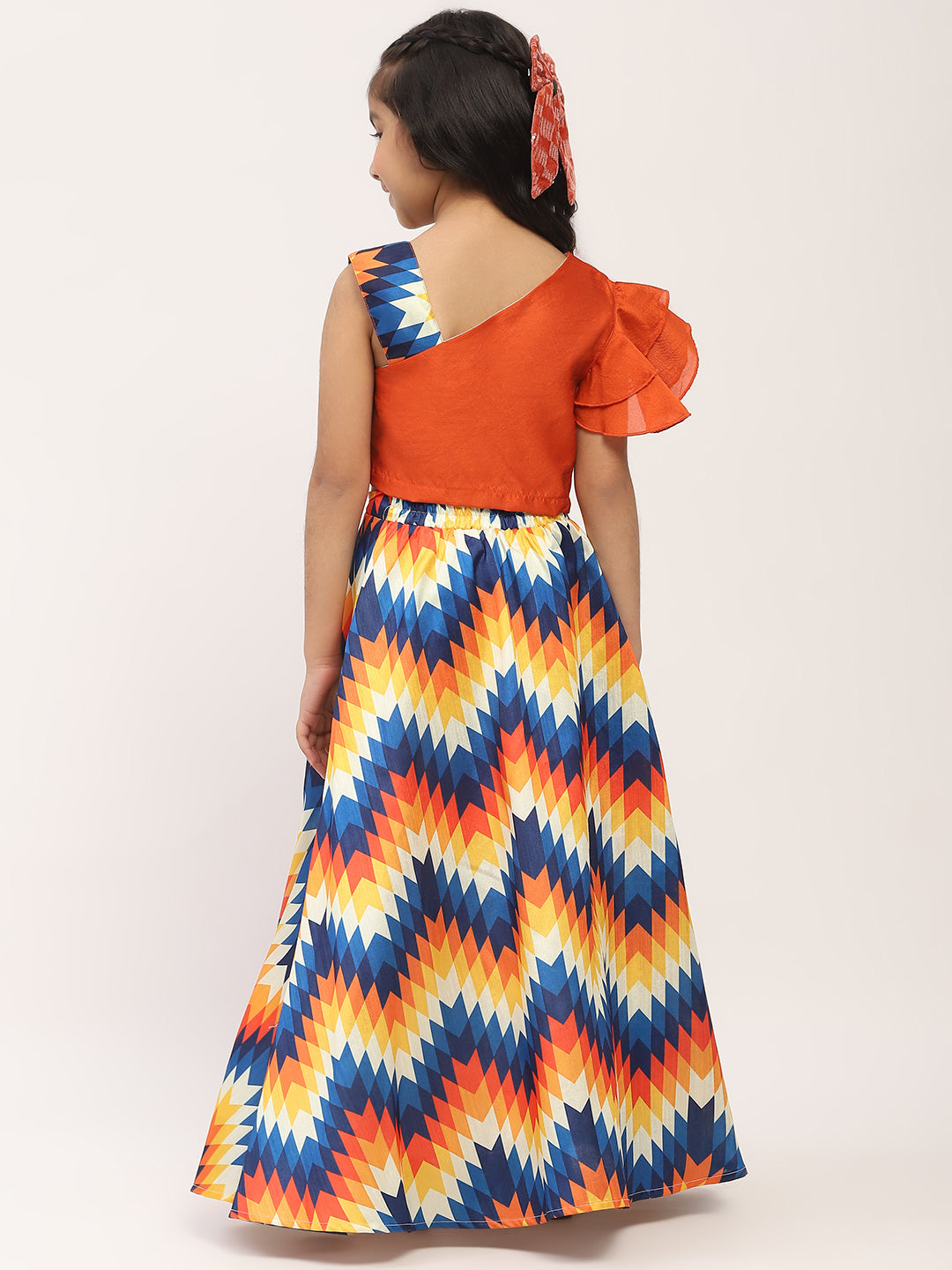 Spunkies Girls Orange and Blue Printed Lehenga with One-Shoulder Frilled Blouse Set