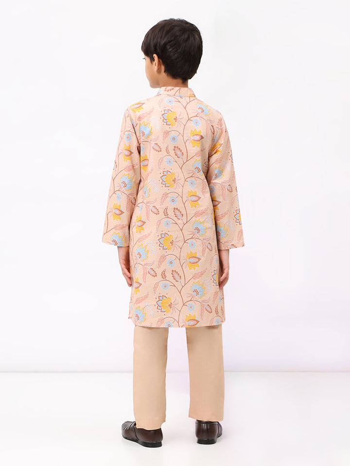 Boys Peach Floral Printed Ethnic Kurta Set