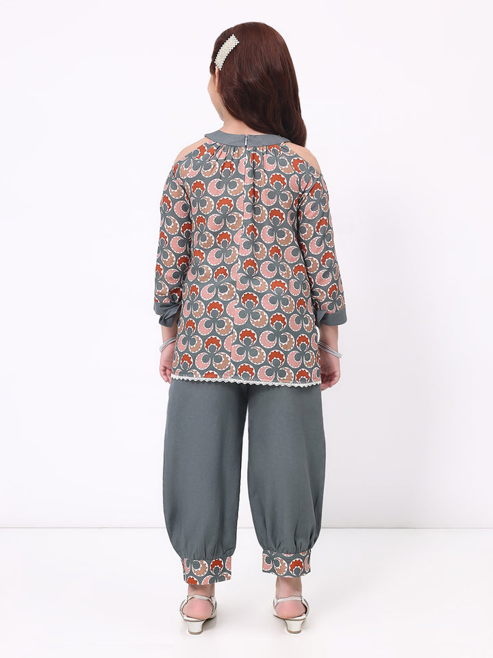 Girls Cotton Linen Dark Grey Printed  Ethnic Co-Ord Set