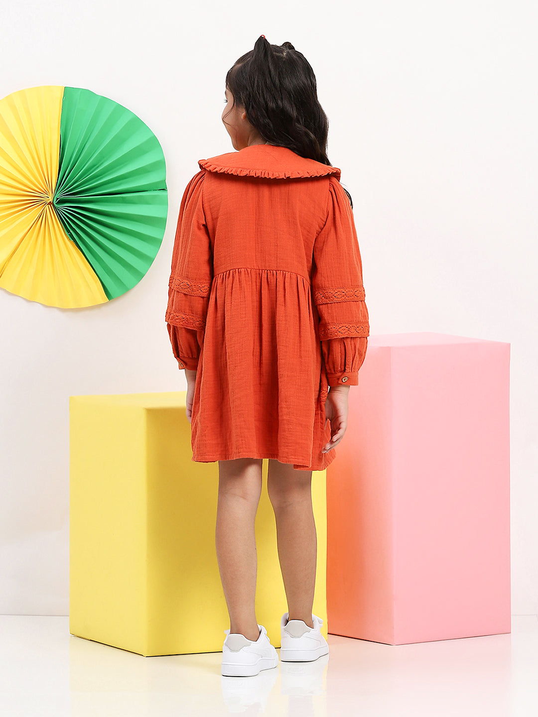 Girls' Rust Button-Down Dress with Ruffled Collar