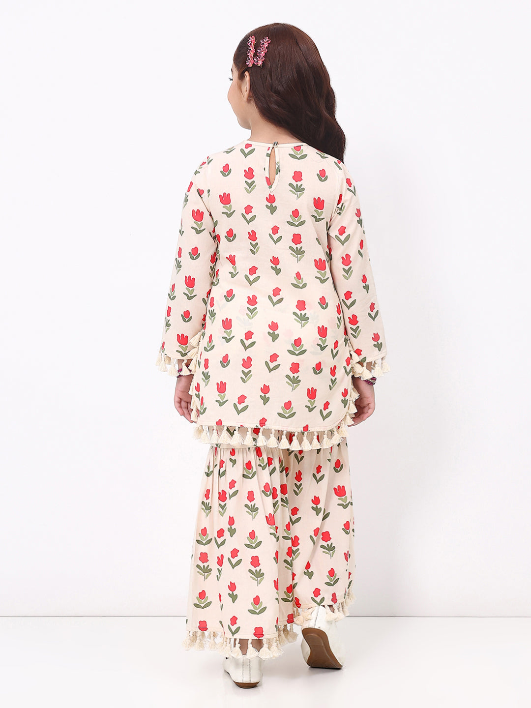 Girls Off white Floral Print Ethnic kurti and sharara Set