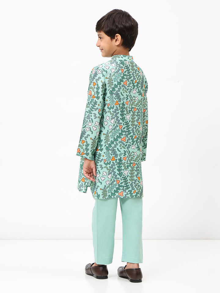 Boys Cotton Chanderi Green Printed Kurta Set
