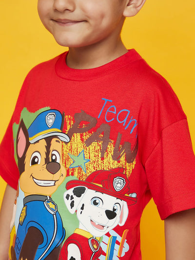 Kid Boys Red Paw Patrol Printed T-Shirt and Dark Blue Shorts Set!