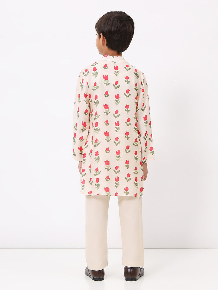 Boys Cotton Chanderi Cream Floral Printed Kurta Set