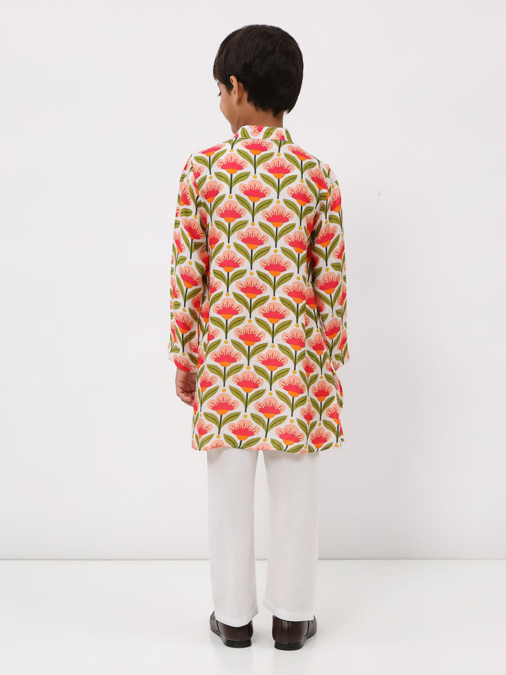 Boys Cotton Chanderi White Floral Printed Kurta Set