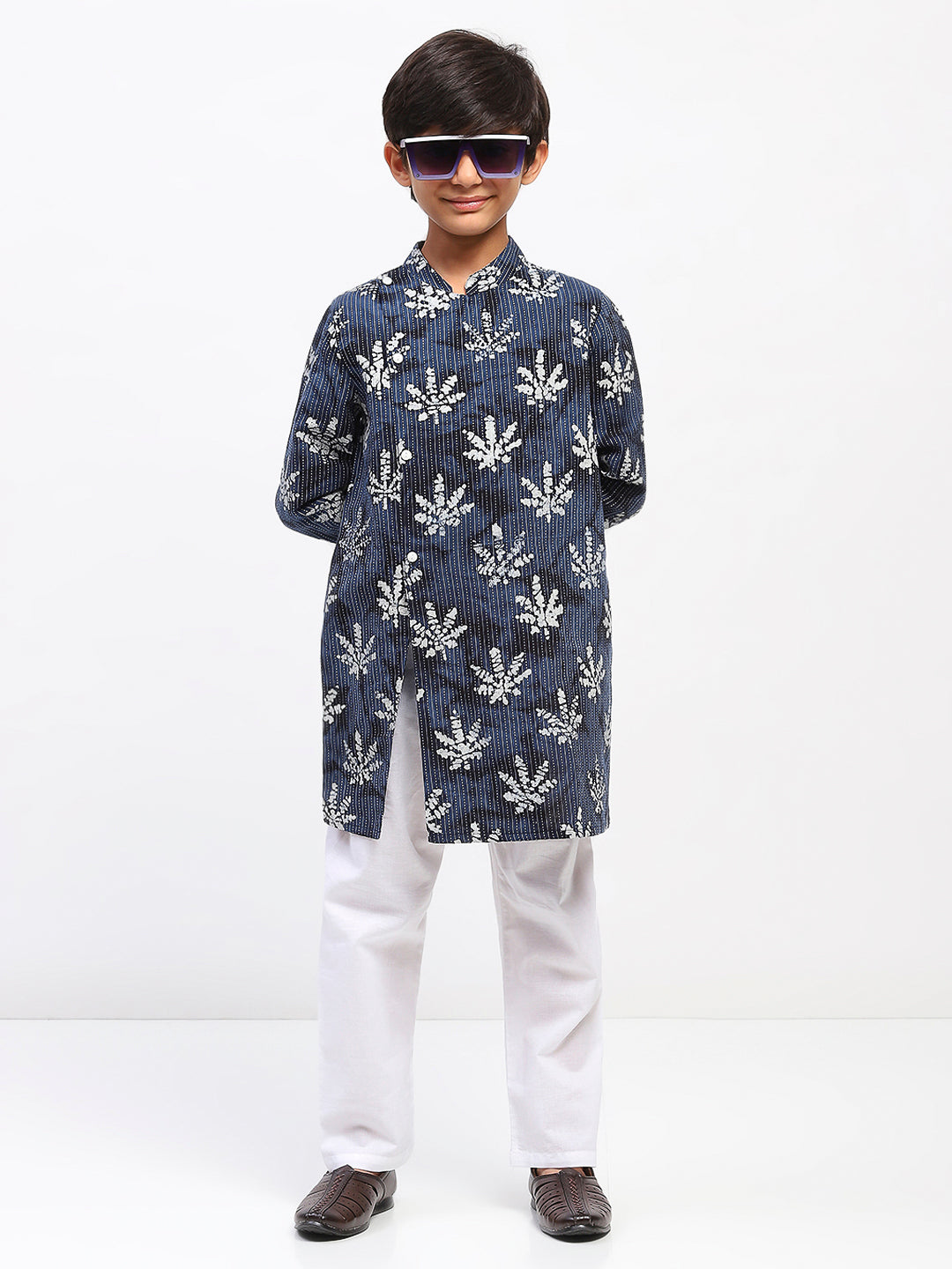 Boys Blue Cotton Printed Ethnic Kurta Pajama Set