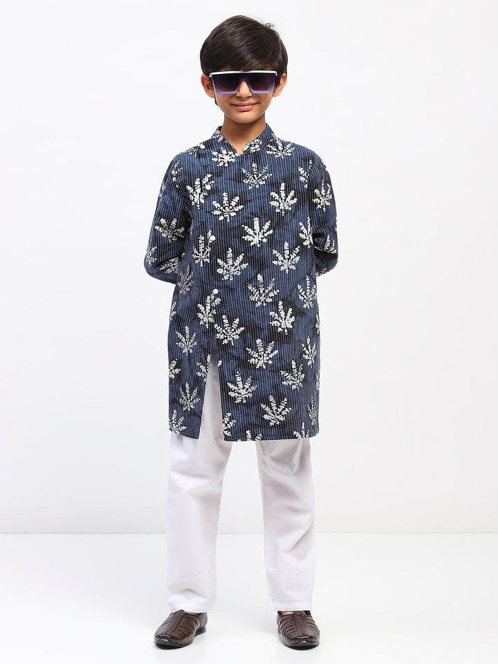 Boys Blue Cotton Printed Ethnic Kurta Pajama Set