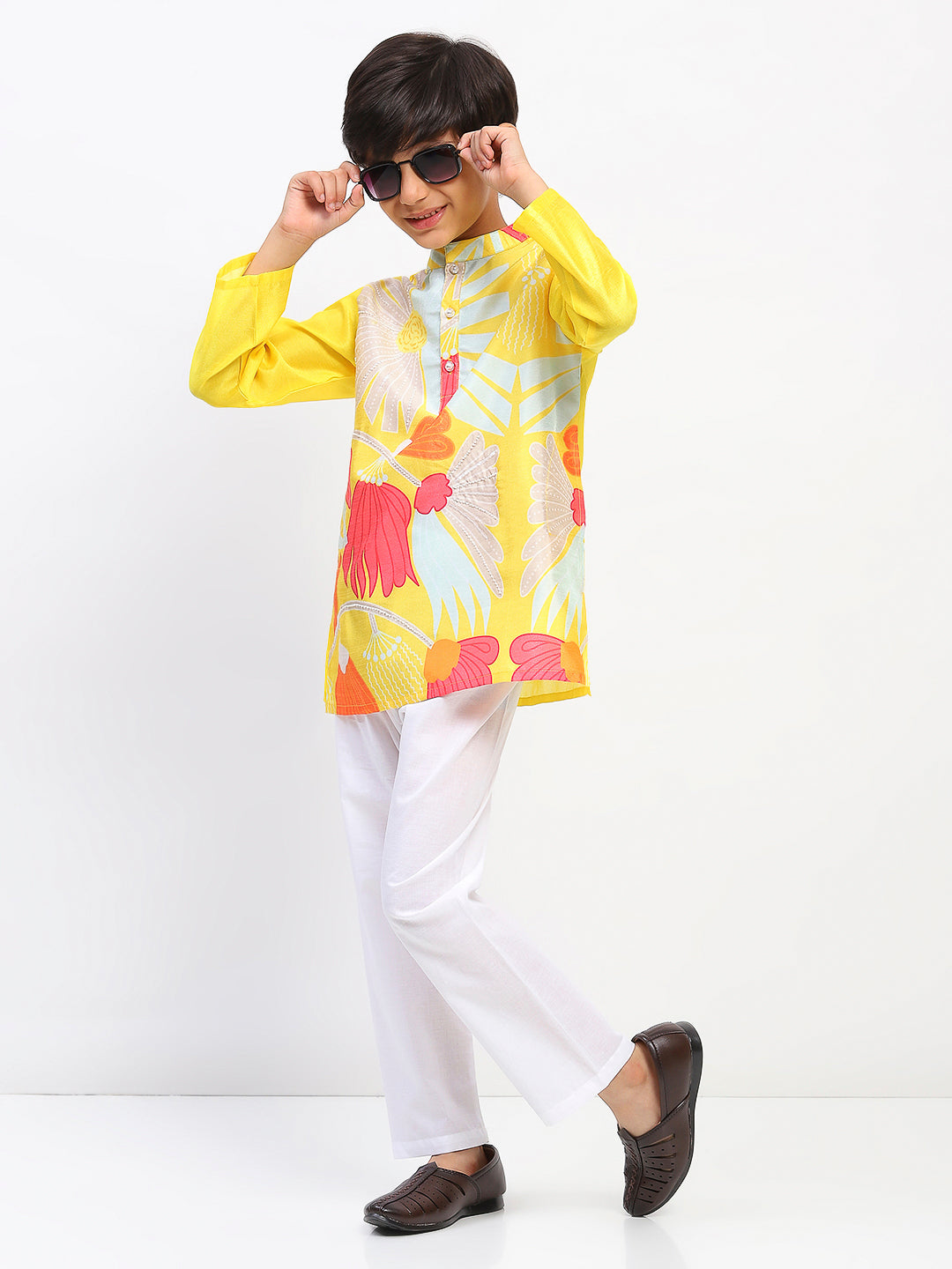 Boys Yellow Cotton Printed Ethnic Kurta Pajama Set