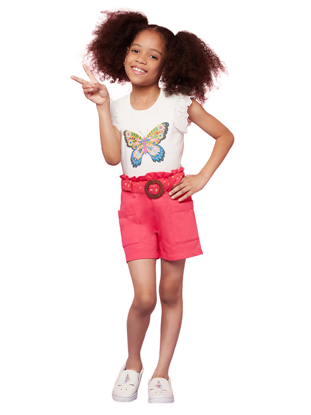 Kid Girls' Butterfly Print T-Shirt and Pink Shorts with Belt Detail