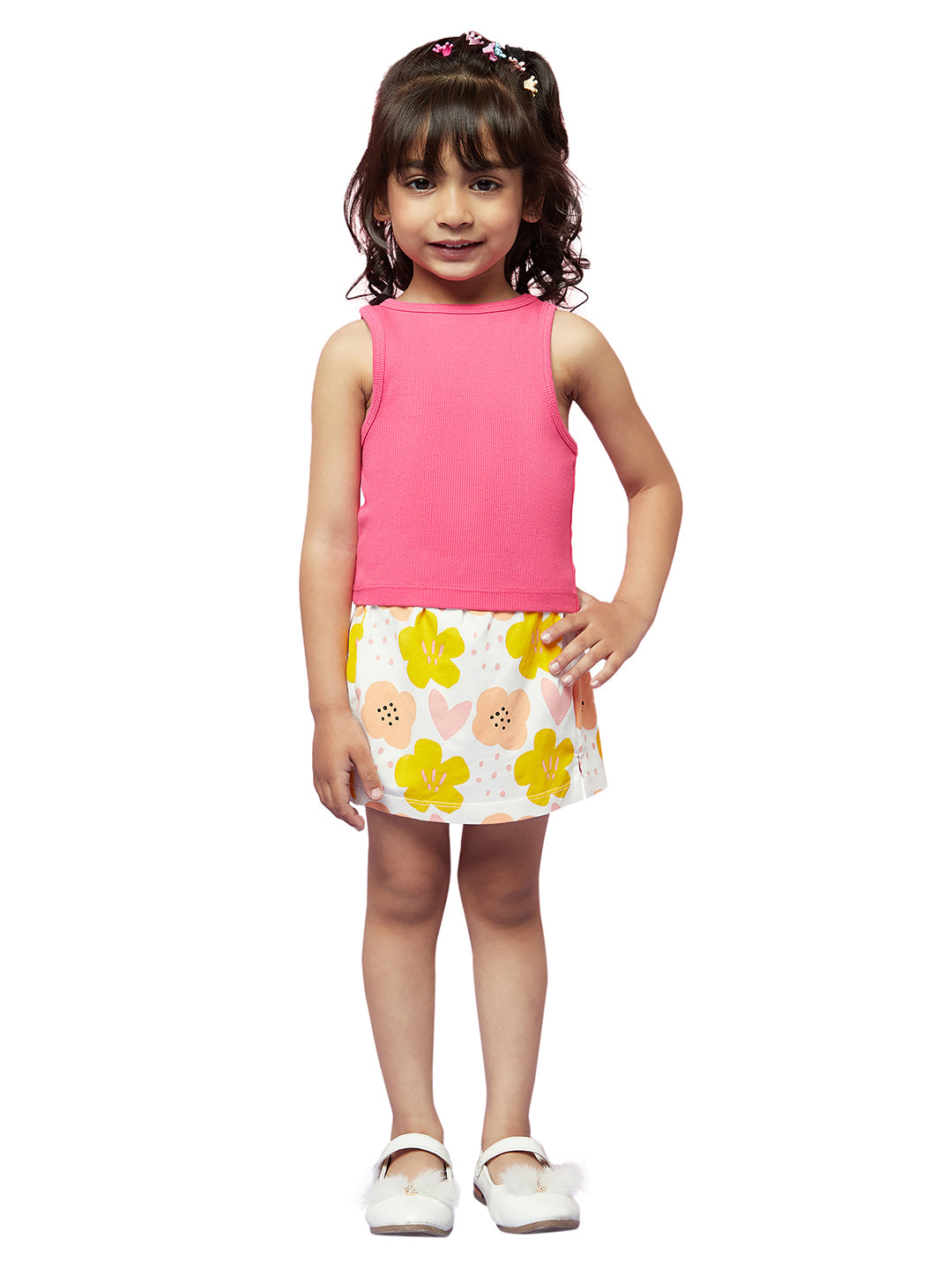 Kid Girls' Pink Ribbed Top and White Flower Printed Skirt