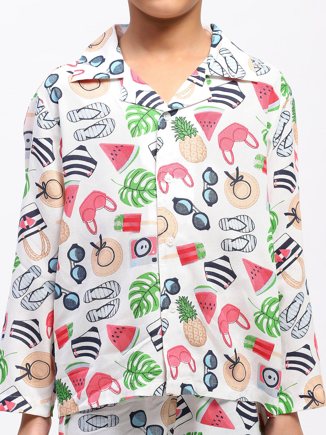 Boys White Collar Neck Printed Nightwear Co-Ord Set