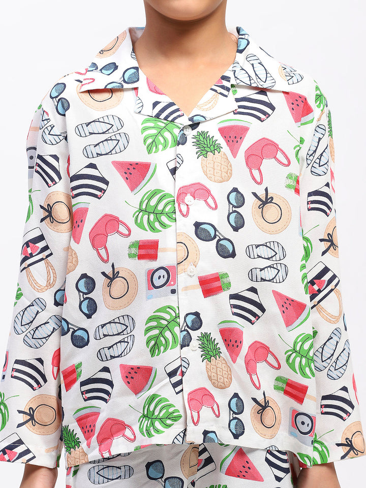 Boys White Collar Neck Printed Nightwear Co-Ord Set