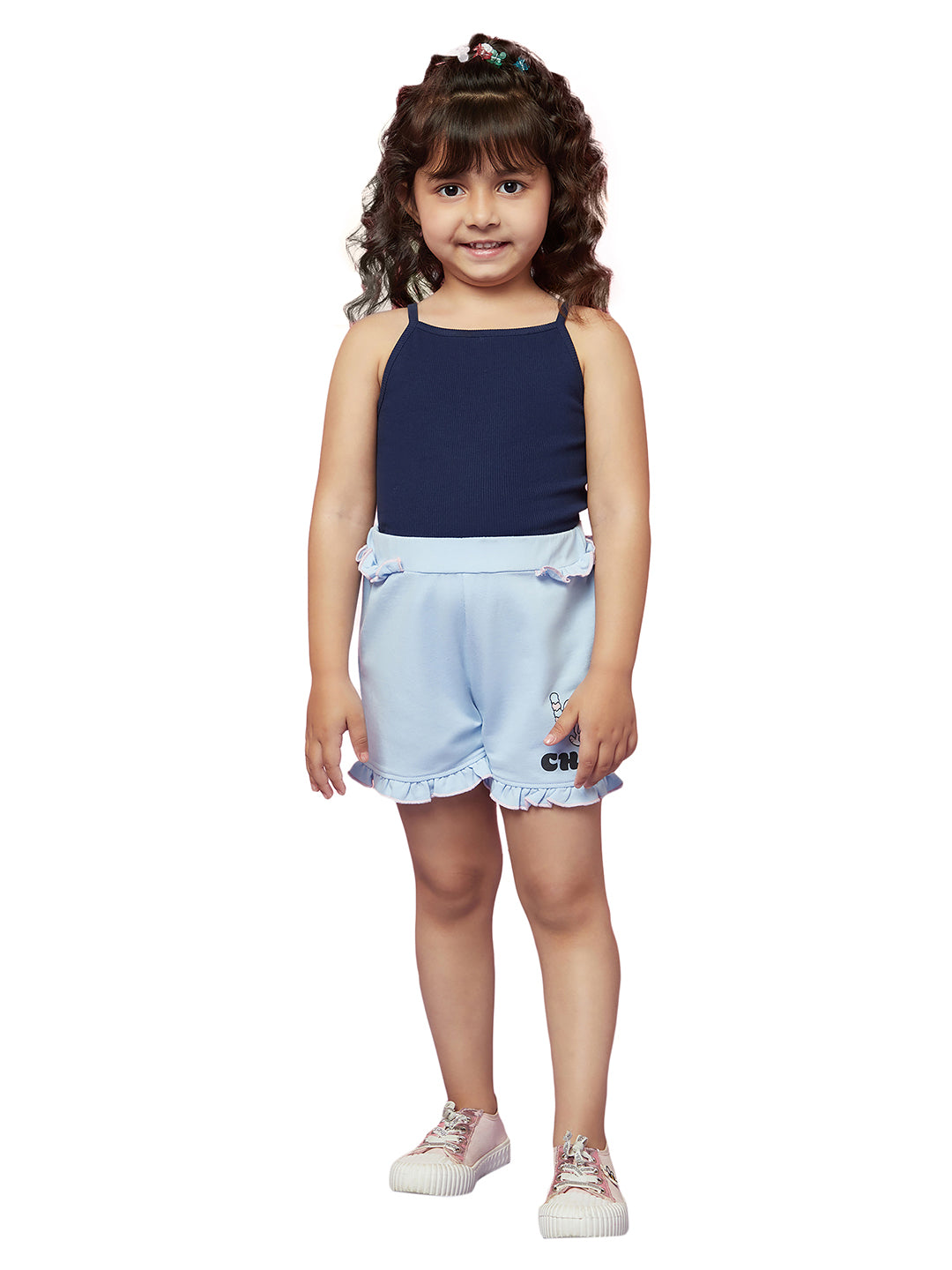 Kids Navy Blue Sleeveless Top with Funky Printed Shorts