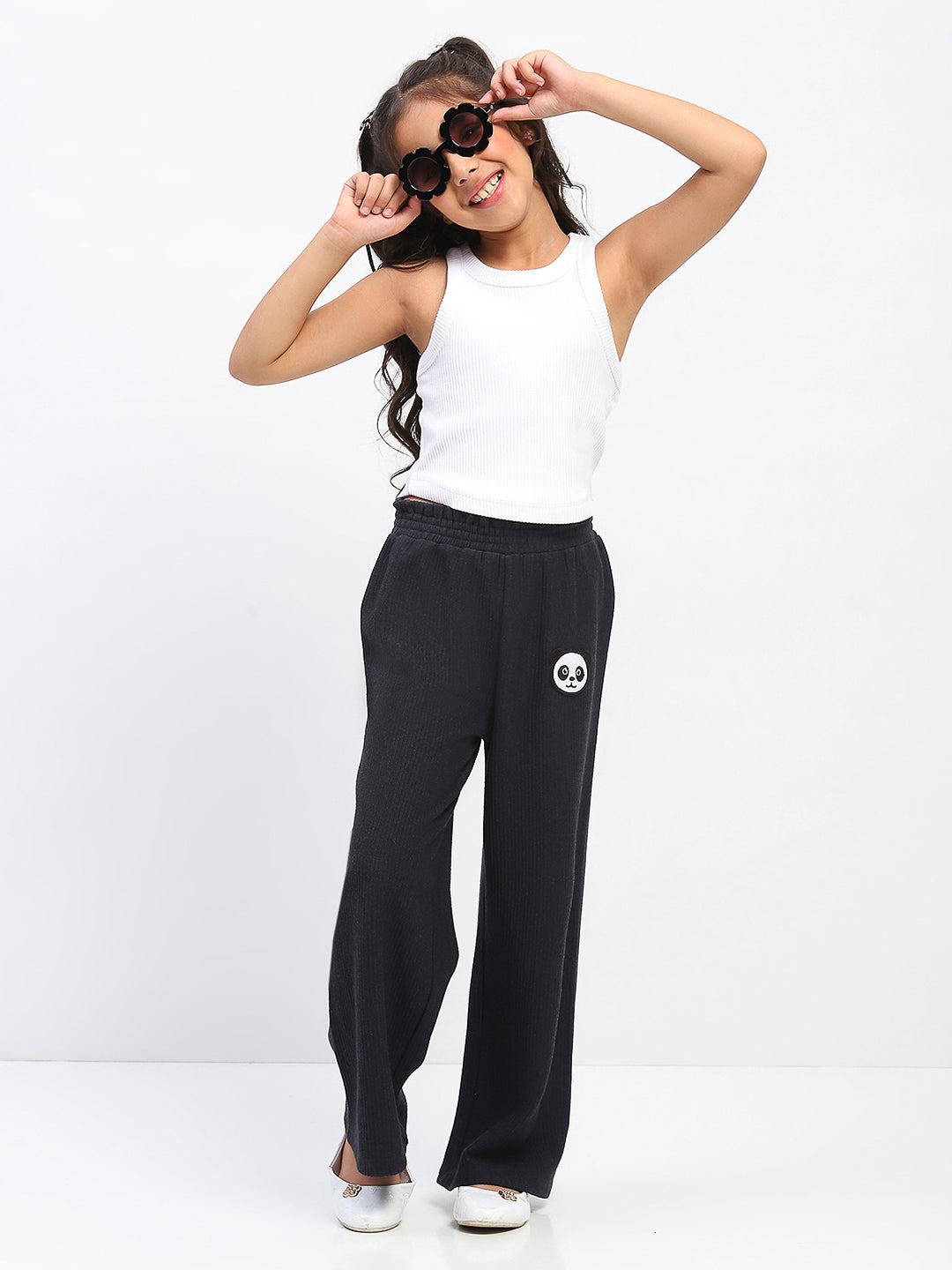 Girls Black Wide-Leg Pants with Panda Patch