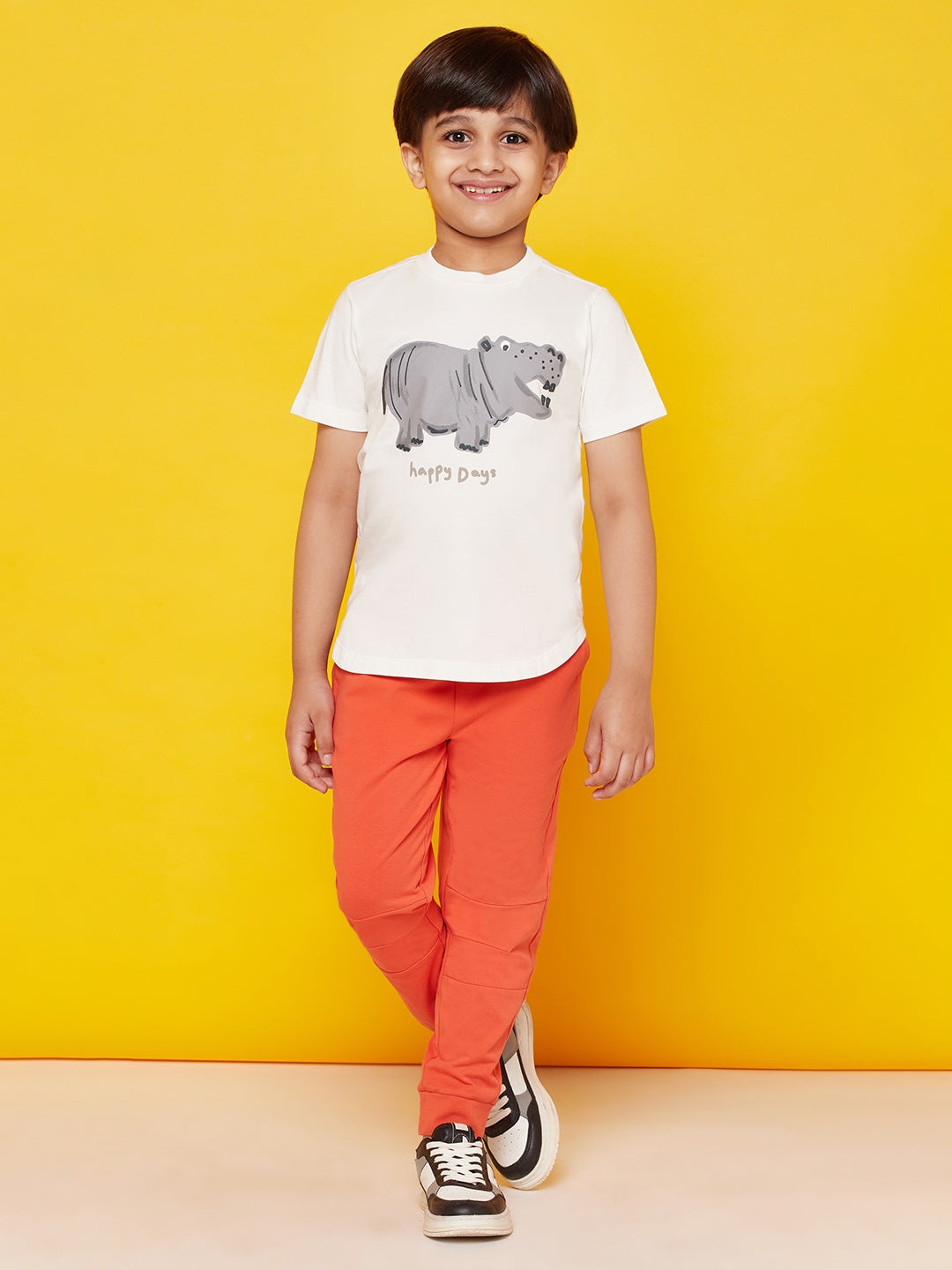 Kid Boys' Off-White Printed T-Shirt and Zesty Orange Joggers Set