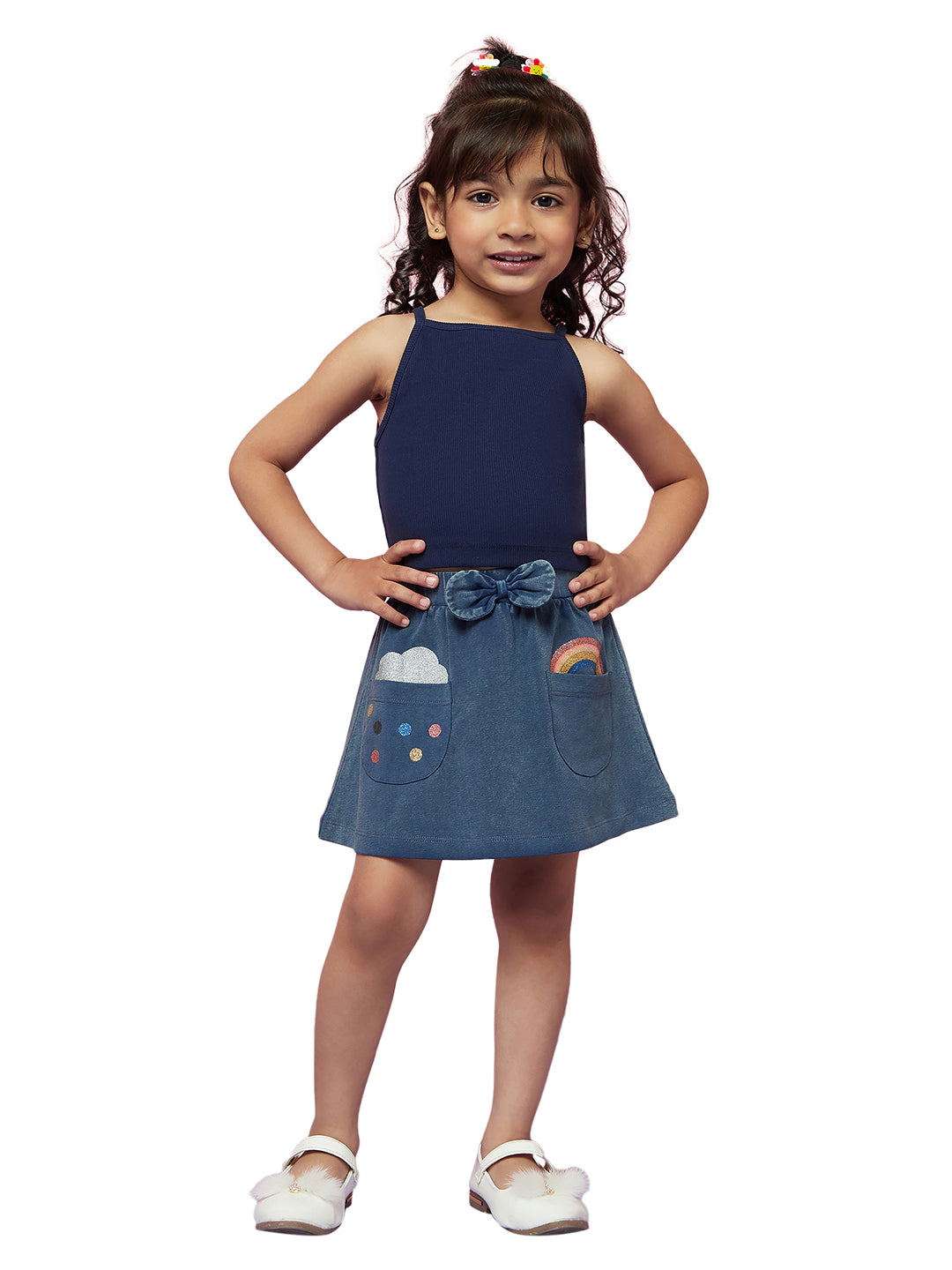 Kid Girl's Navy Blue Sleeveless Top with Blue Cloud Print Skirt