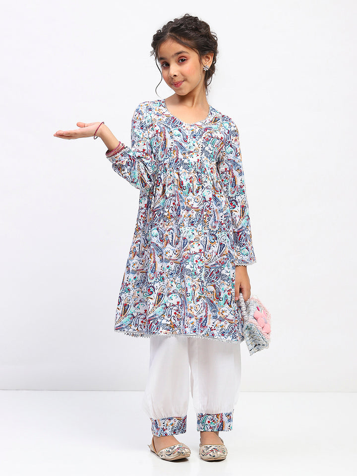 Girls Full Sleeve Paisley Print Ethnic Kurta and Bottom Set
